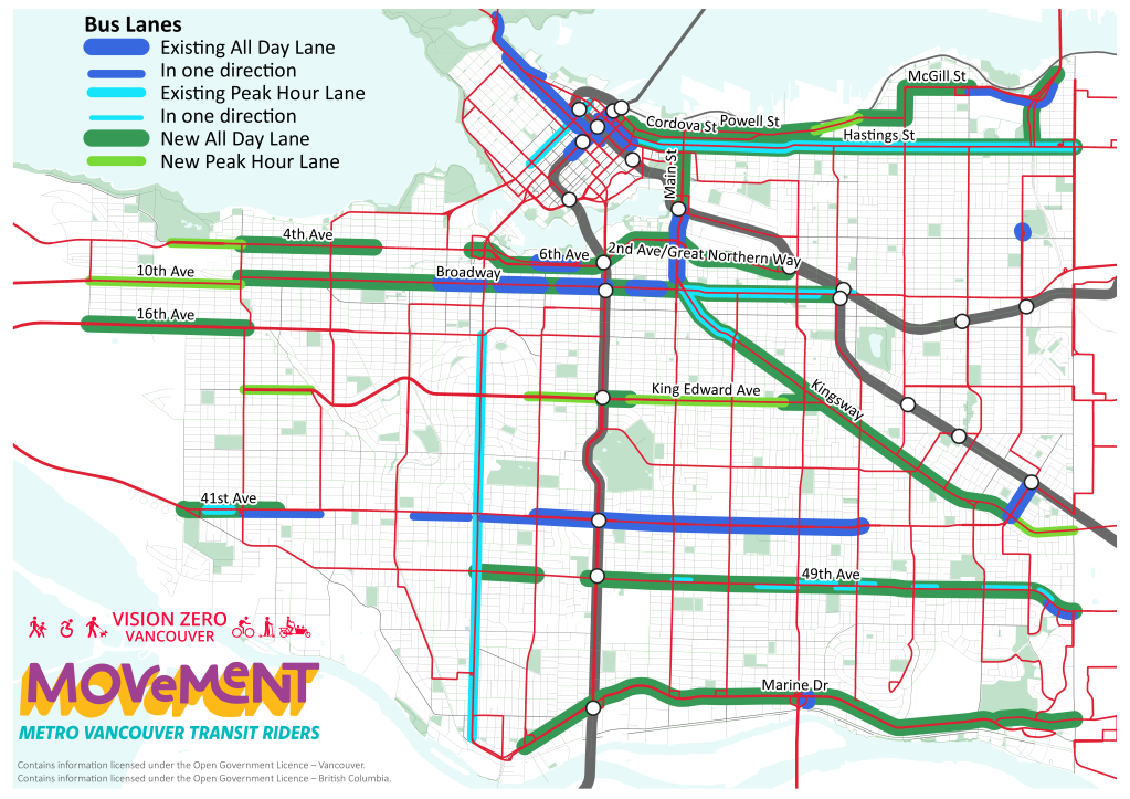 Map of existing and proposed bus lanes in the City of Vancouver, with the proposed ones listed below