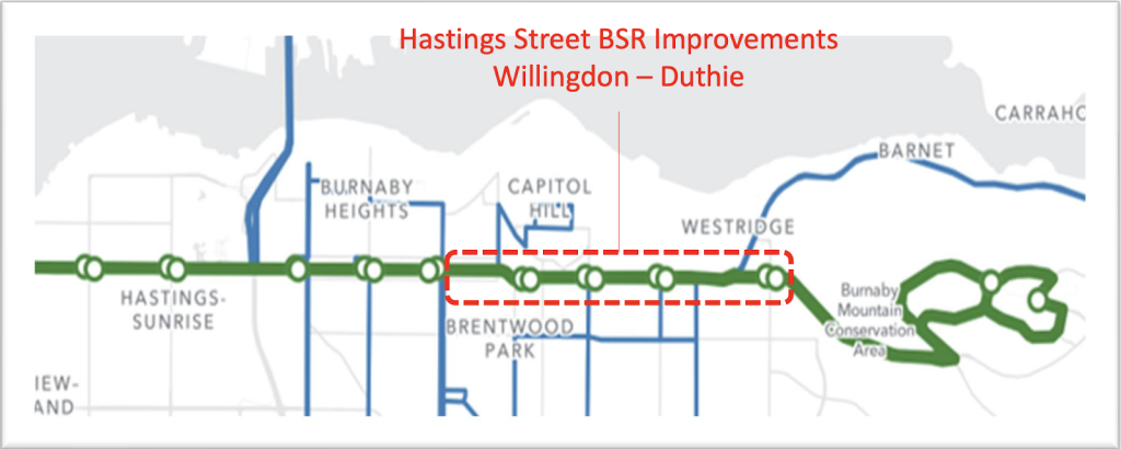 Map showing bus lanes on Hastings between Duthie Ave and Willingdon Ave