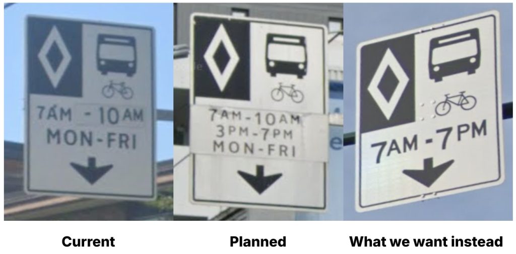 Three images of bus lane priority signage. The first one says "7am-10am, mon-fri". The caption for that is "current". The second one says "7am-10am, 3pm-7pm, Mon-fri", and it is captioned "planned". The last one says "7am-7pm", and we captioned it "what we want instead"