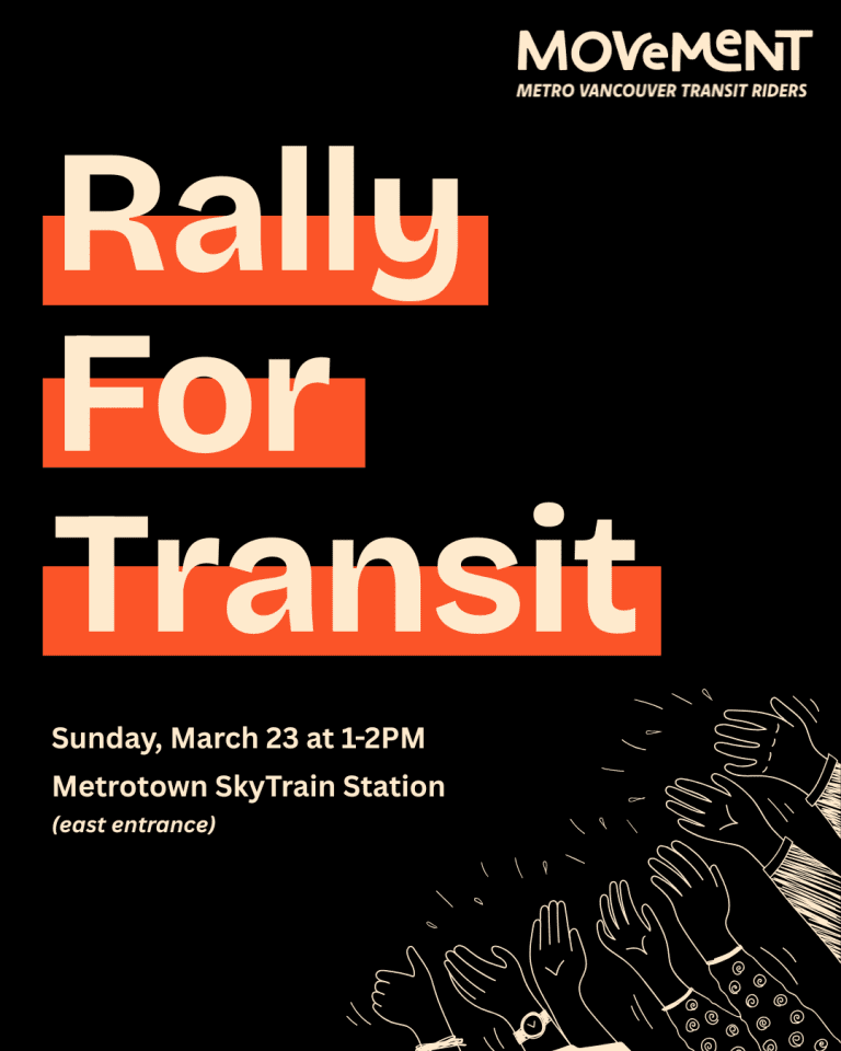 Poster saying "rally for transit" with same details as shown below. There are cartoon hands in the bottom right as though they are all supporting the thing