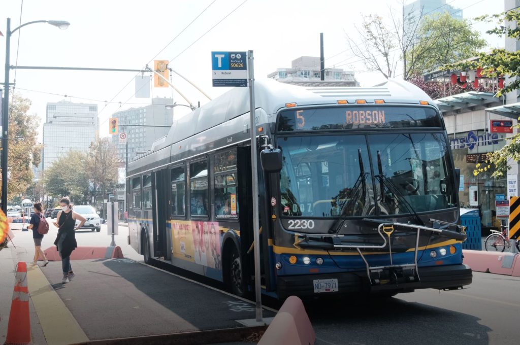 A bus bulb on Robson St, given as an example of what the stops on Granville St might end up looking like.