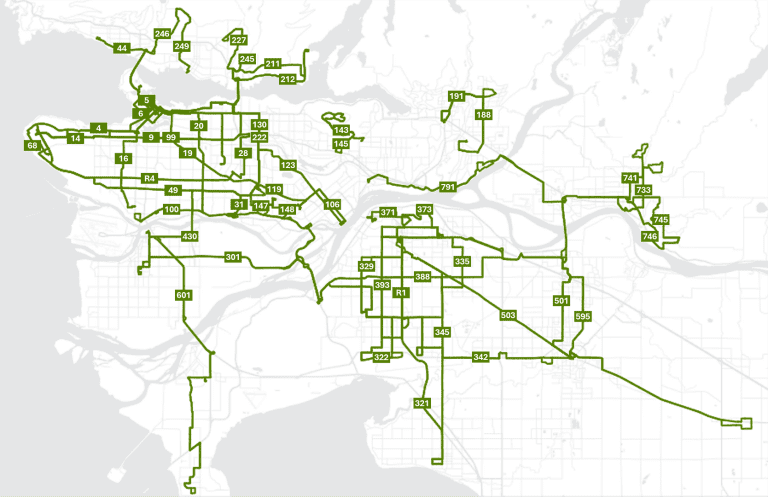 A map of routes in the metro vancouver region which are getting increases this september