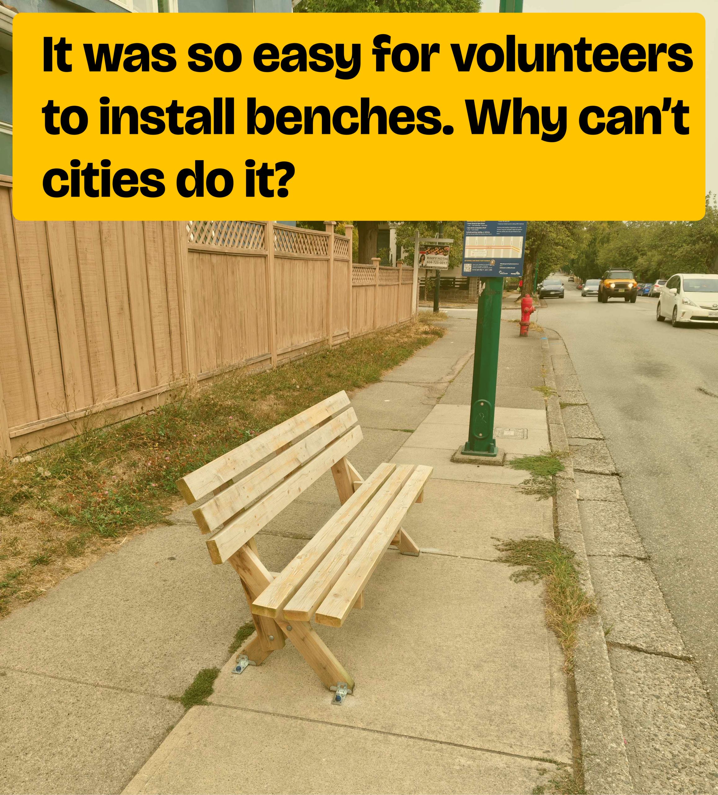 RELEASE: It was cheap and easy for volunteers to put benches at five bus stops. Will municipal candidates from across Metro Vancouver take the hint?